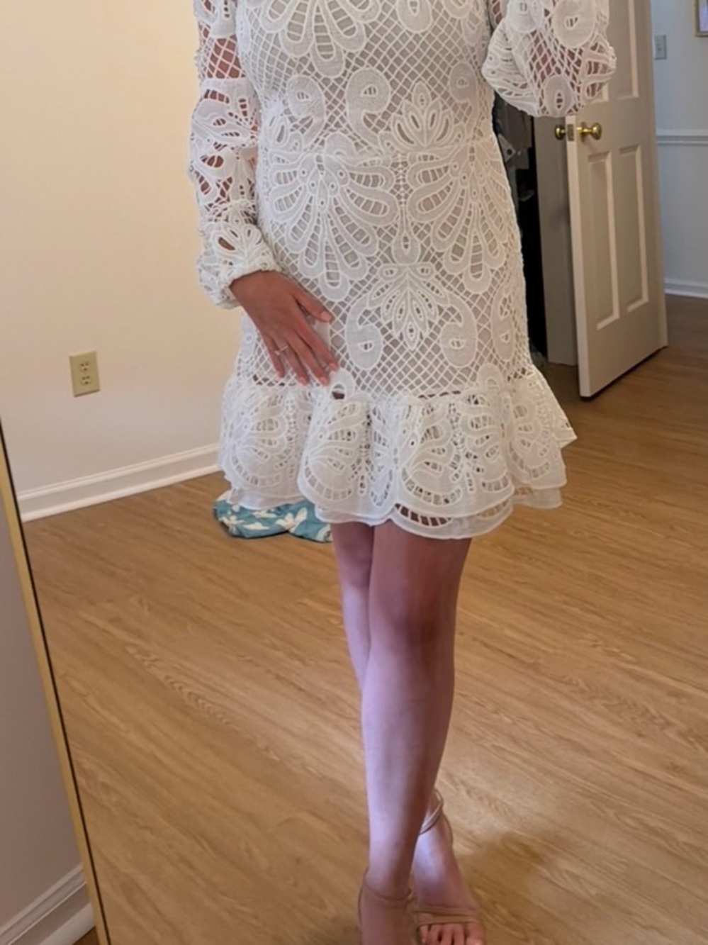 White Lace Long-Sleeve Mini Dress - Elegant Crochet Detail - Picture 3 of 3